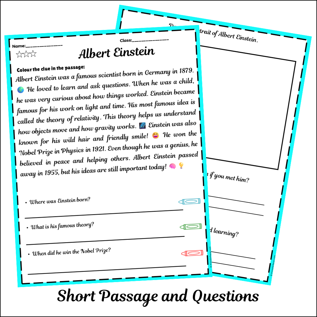 Albert Einstein | Short Reading Comprehension Creative Worksheet