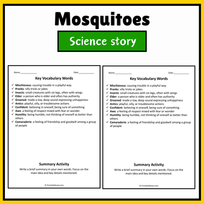 Mosquitoes | Science Story Reading Comprehension Activity