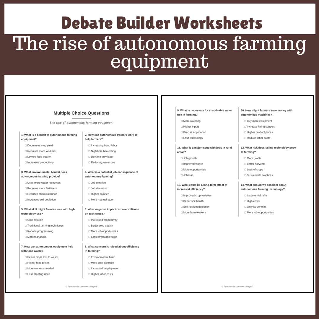 The rise of autonomous farming equipment | Favour and Against Worksheet Printable Activity