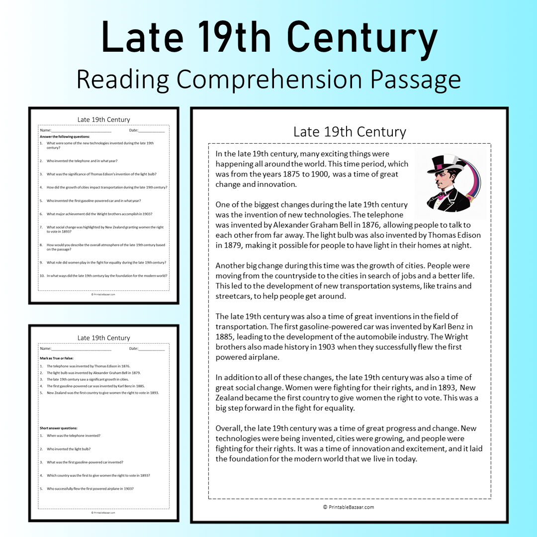 Late 19th Century | Reading Comprehension Passage Printable Worksheet