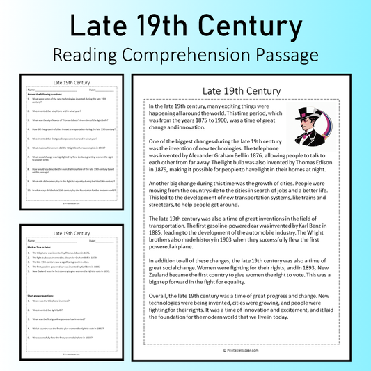 Late 19th Century | Reading Comprehension Passage Printable Worksheet