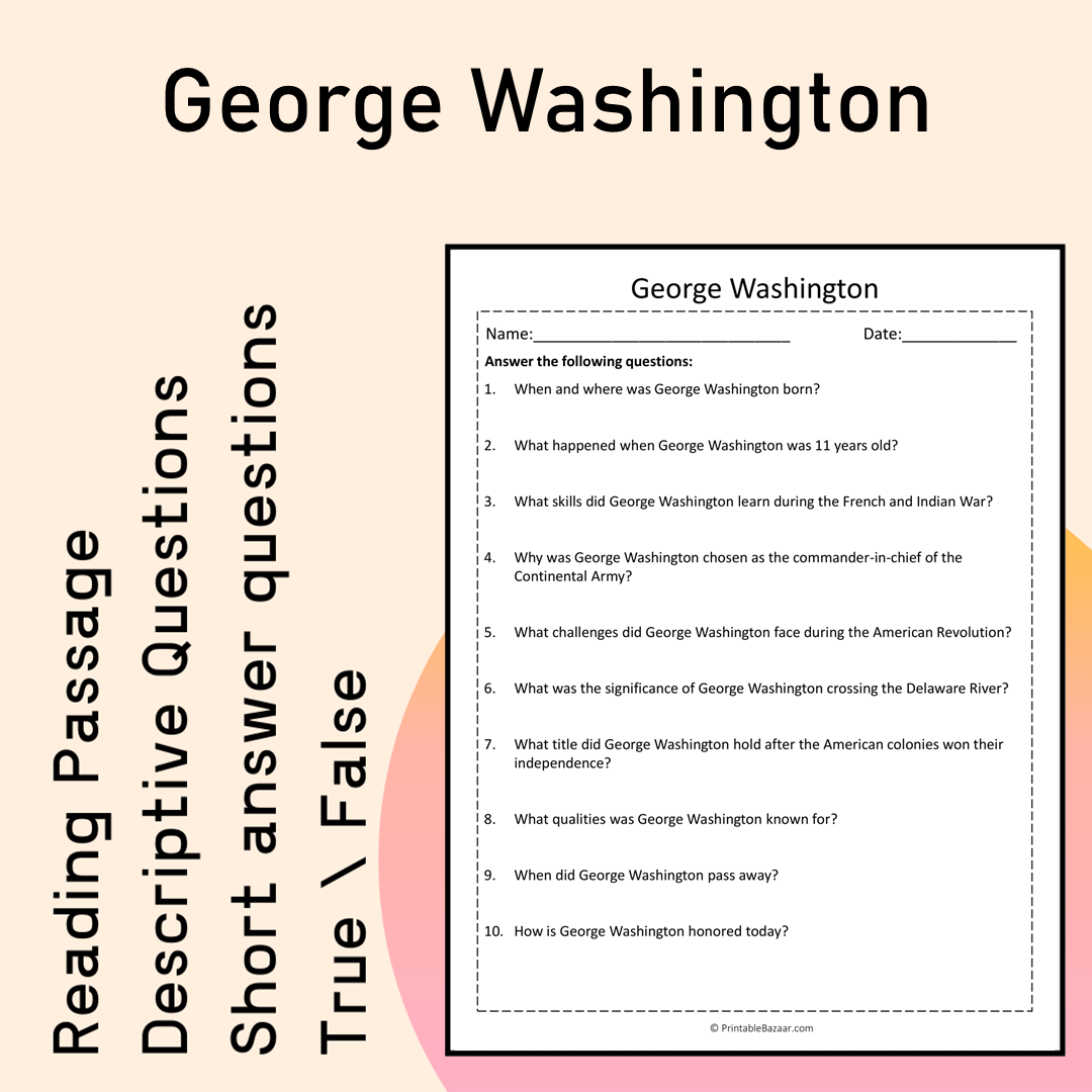 George Washington | Reading Comprehension Passage Printable Activity