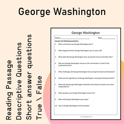 George Washington | Reading Comprehension Passage Printable Activity