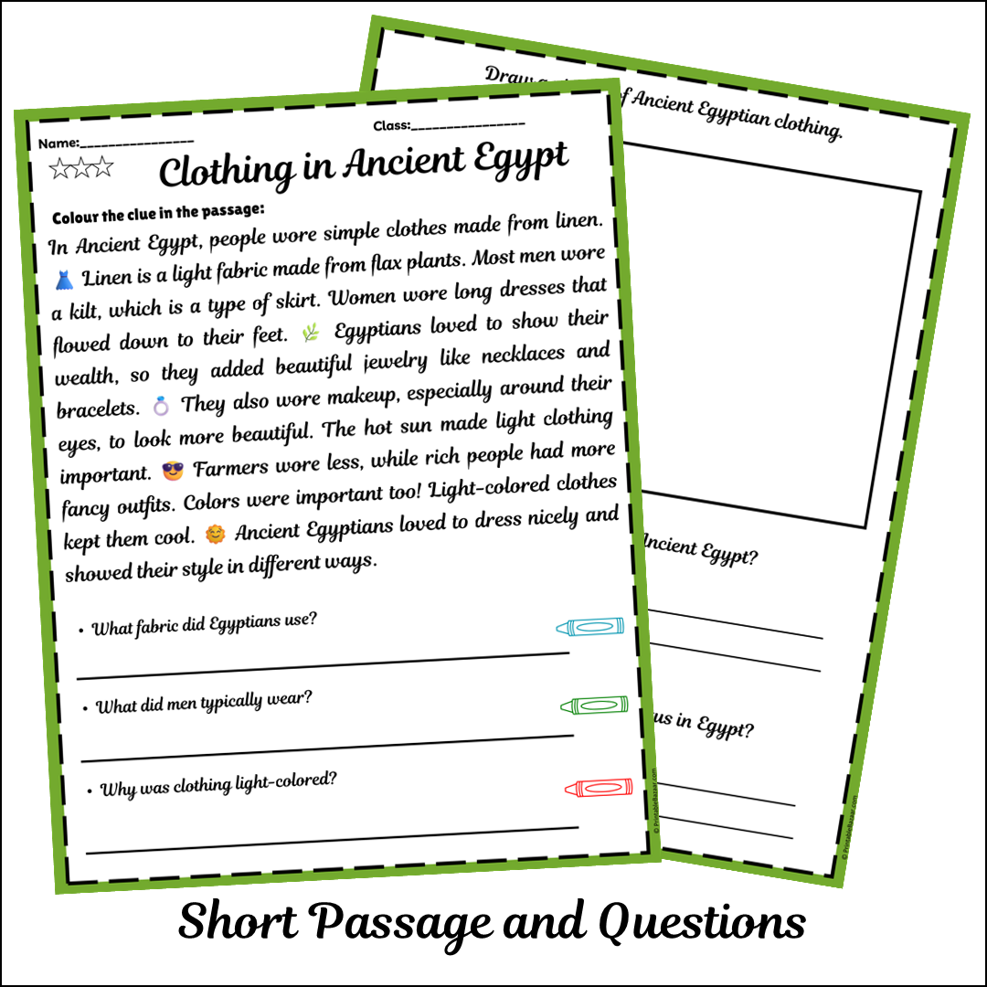 Clothing in Ancient Egypt | Short Reading Comprehension Creative Worksheet
