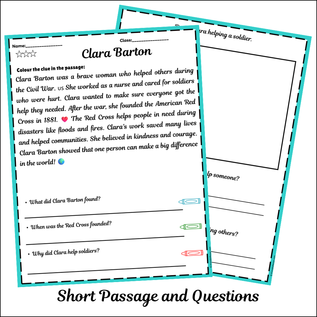 Clara Barton | Short Reading Comprehension Creative Worksheet