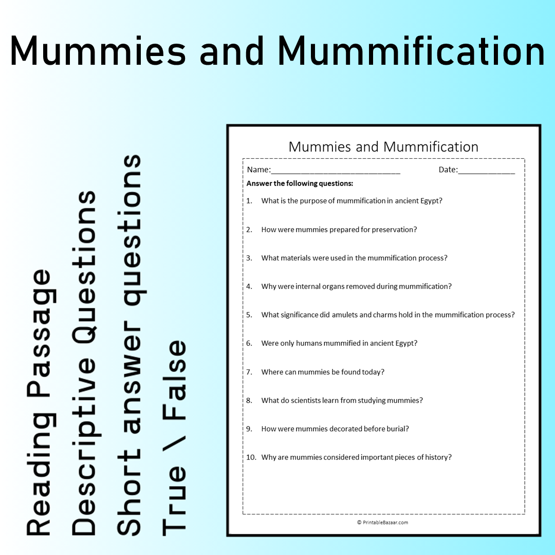 Mummies and Mummification | Reading Comprehension Passage Printable Worksheet