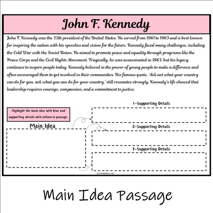 John F. Kennedy | Main Idea and Supporting Details Reading Passage and Questions