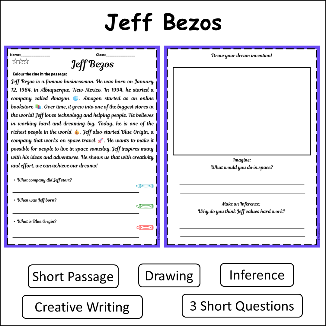 Jeff Bezos | Short Reading Comprehension Creative Worksheet