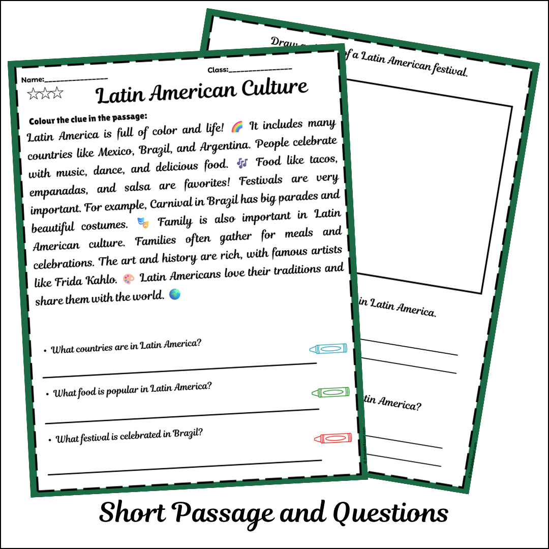 Latin American Culture | Short Reading Comprehension Creative Worksheet