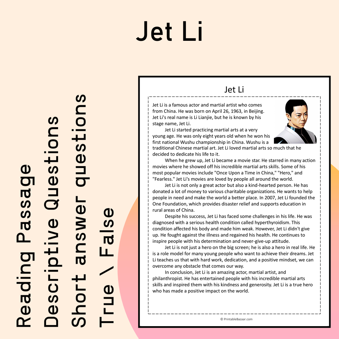 Jet Li | Reading Comprehension Passage Printable Activity