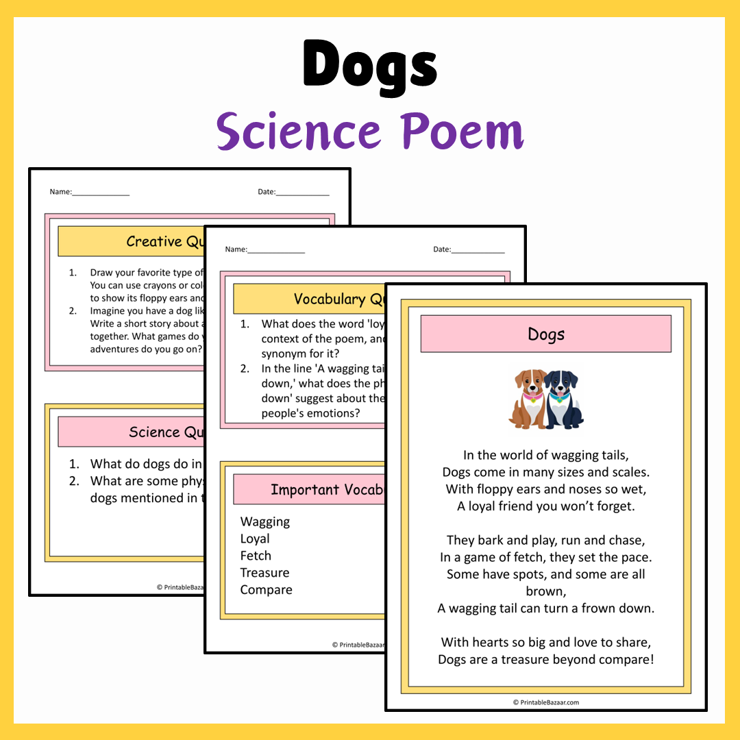 Dogs | Science Poem Reading Comprehension Activity