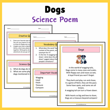 Dogs | Science Poem Reading Comprehension Activity