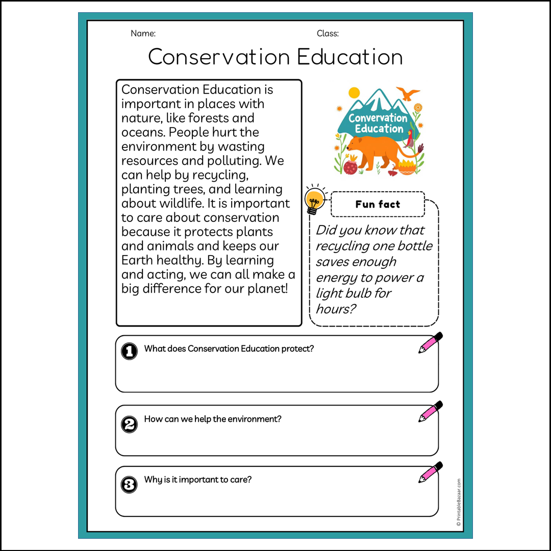 Conservation Education | Reading Passage Comprehension Questions Writing Facts Worksheet