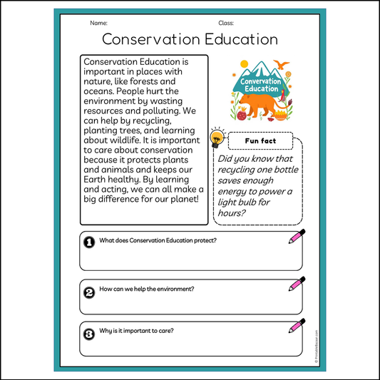 Conservation Education | Reading Passage Comprehension Questions Writing Facts Worksheet