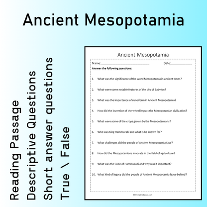 Ancient Mesopotamia | Reading Comprehension Passage Printable Worksheet