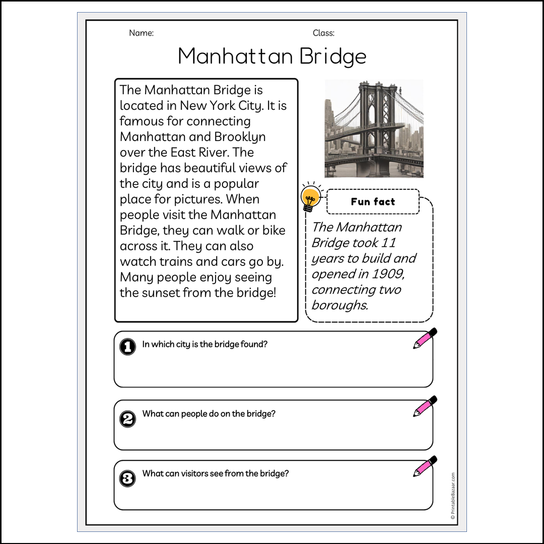 Manhattan Bridge | Reading Passage Comprehension Questions Writing Facts Worksheet