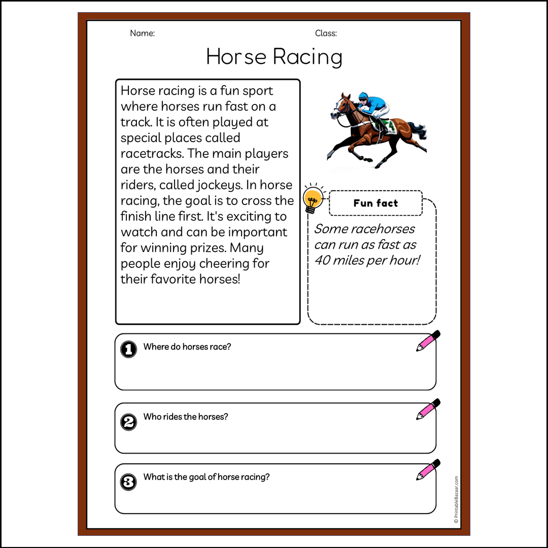 Horse Racing | Reading Passage Comprehension Questions Writing Facts Worksheet