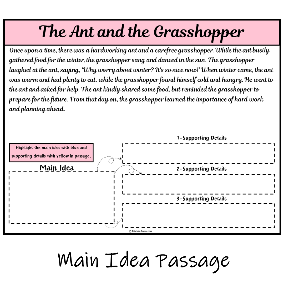 The Ant and the Grasshopper | Main Idea and Supporting Details Reading Passage and Questions