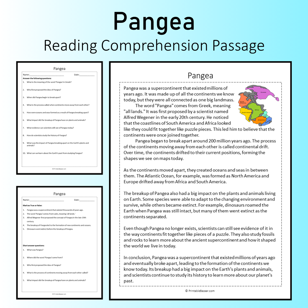 Pangea | Reading Comprehension Passage Printable Worksheet