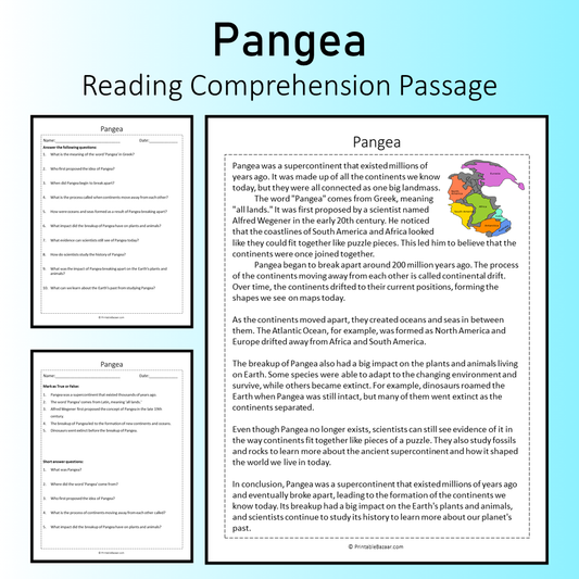 Pangea | Reading Comprehension Passage Printable Worksheet