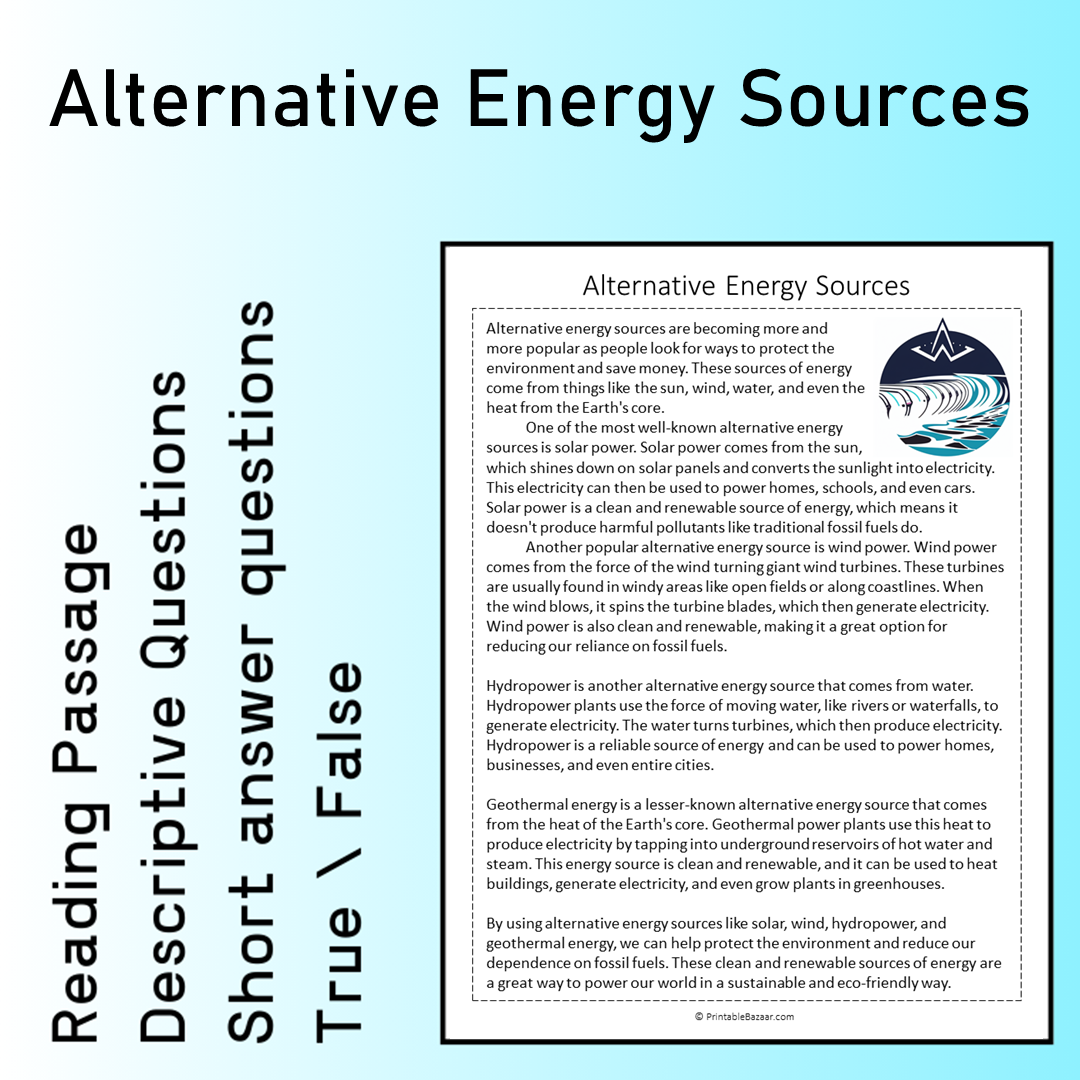 Alternative Energy Sources | Reading Comprehension Passage Printable Worksheet