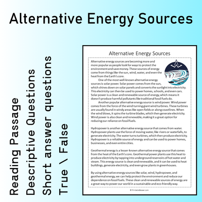 Alternative Energy Sources | Reading Comprehension Passage Printable Worksheet
