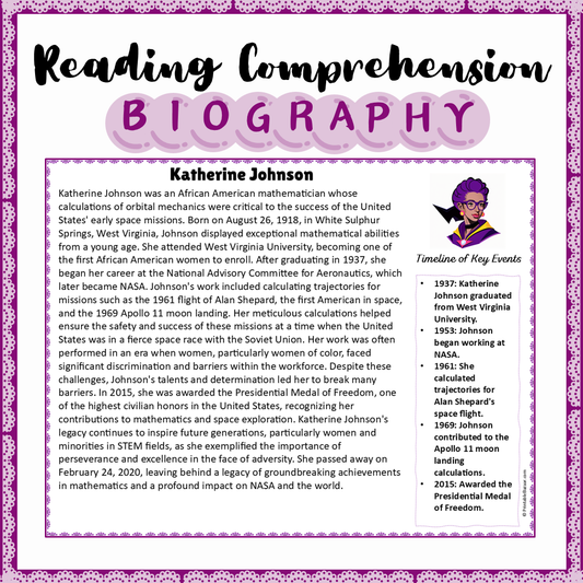 Katherine Johnson | Biography Reading Comprehension and Questions Worksheet