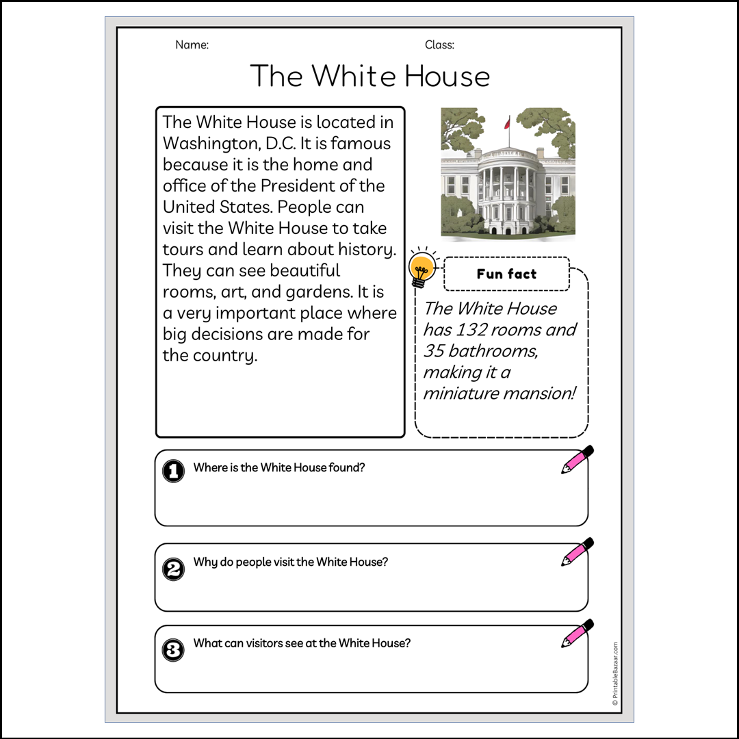 The White House | Reading Passage Comprehension Questions Writing Facts Worksheet