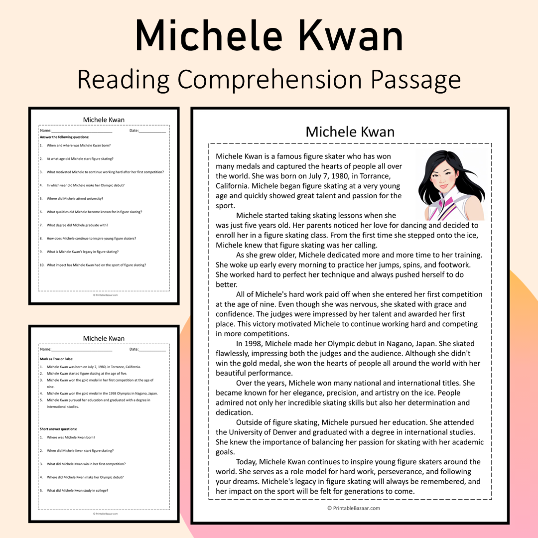 Michele Kwan | Reading Comprehension Passage Printable Activity