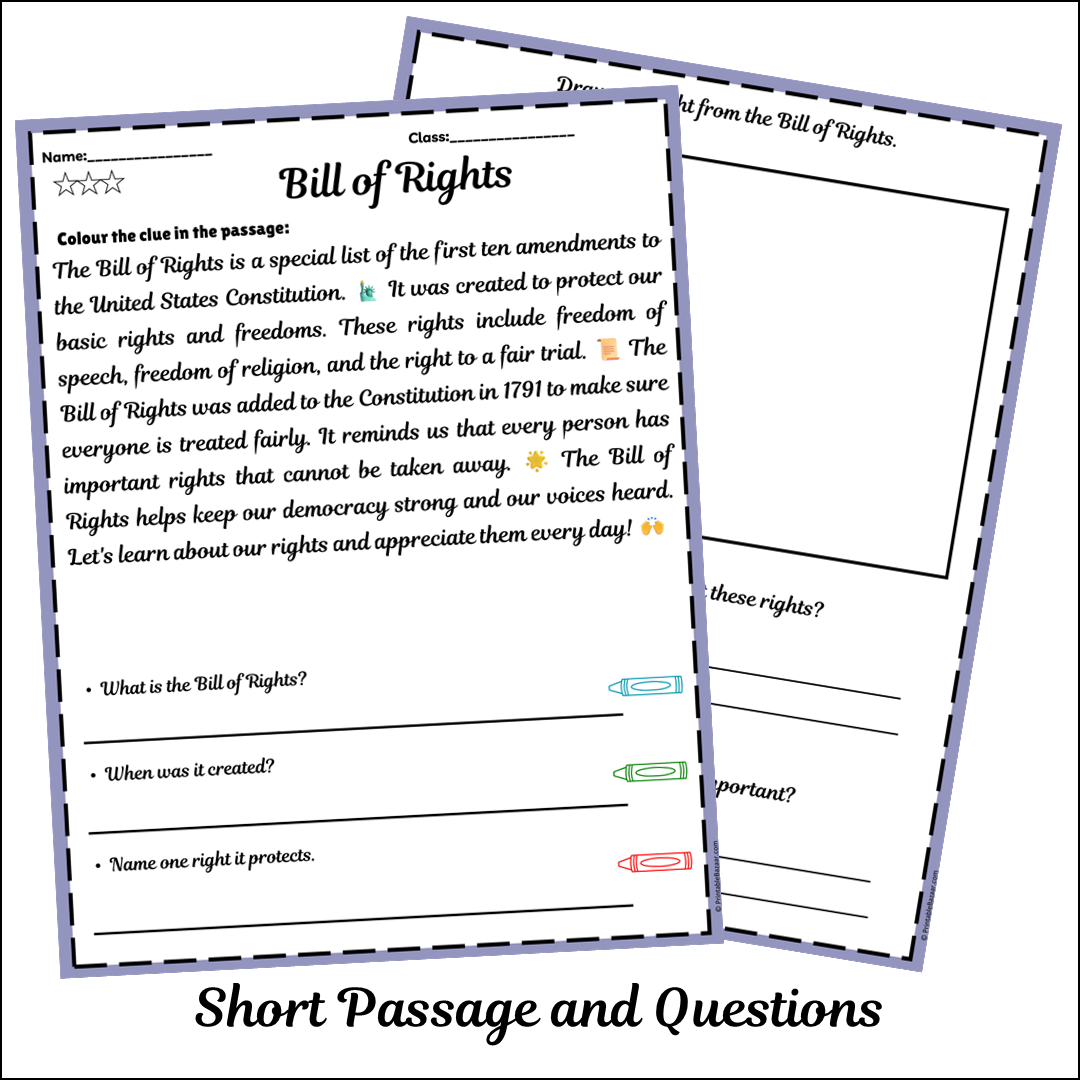 Bill of Rights | Short Reading Comprehension Creative Worksheet
