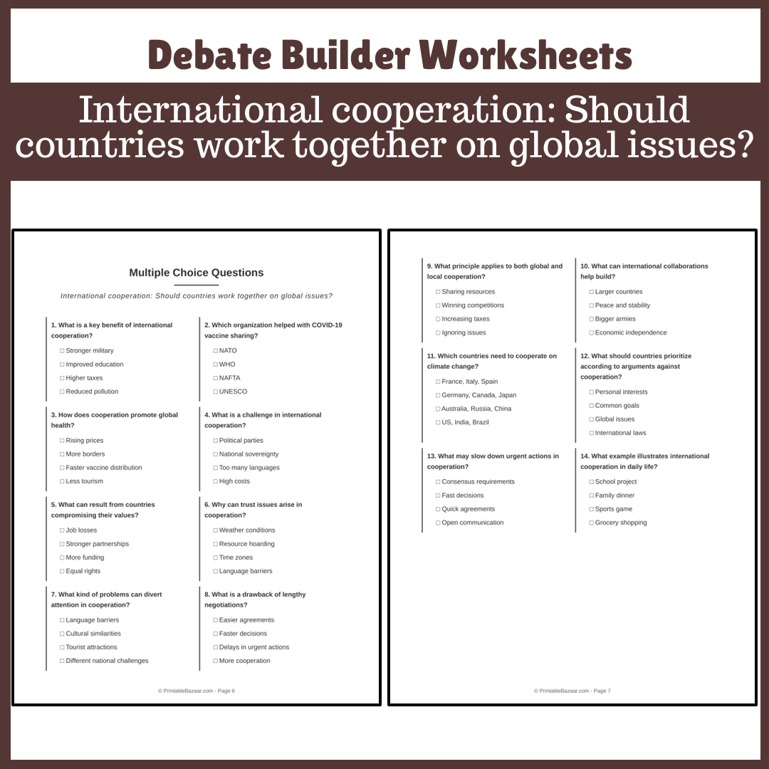 International cooperation: Should countries work together on global issues? | Favour and Against Worksheet Printable Activity