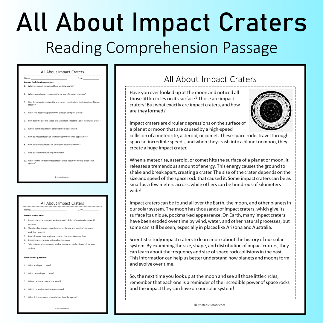 All About Impact Craters | Reading Comprehension Passage Printable Worksheet