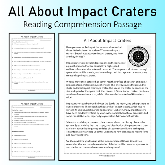 All About Impact Craters | Reading Comprehension Passage Printable Worksheet