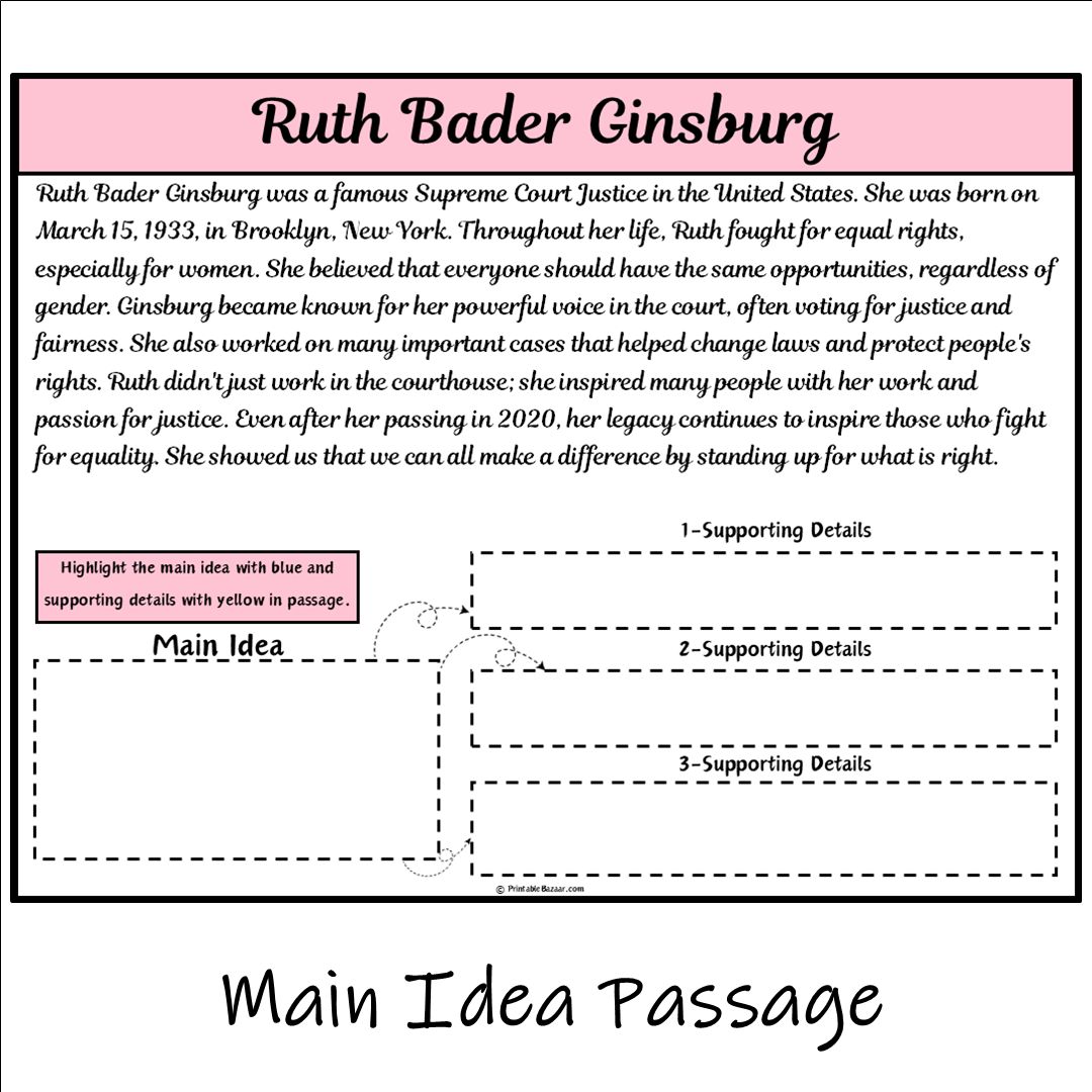 Ruth Bader Ginsburg | Main Idea and Supporting Details Reading Passage and Questions