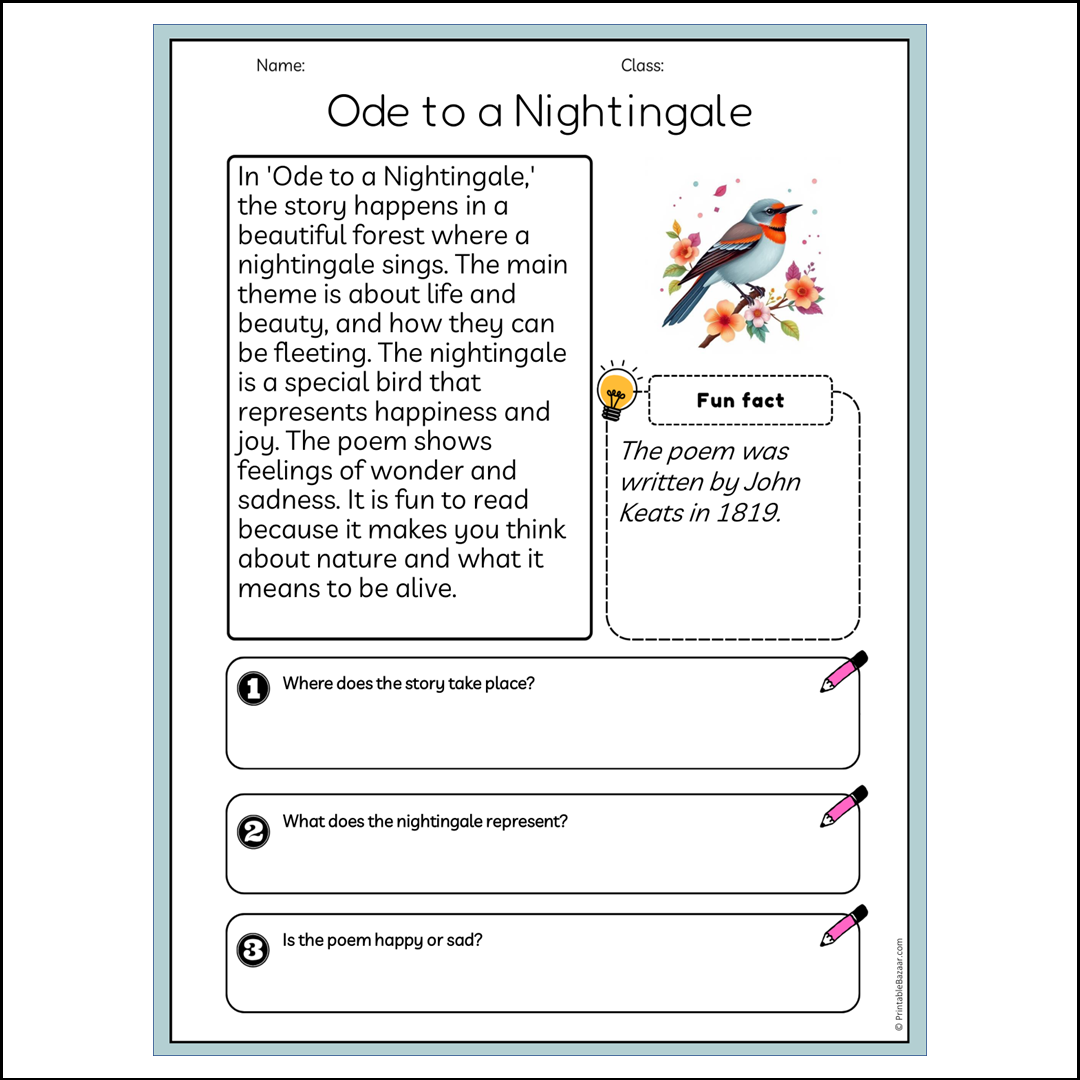 Ode to a Nightingale | Reading Passage Comprehension Questions Writing Facts Worksheet