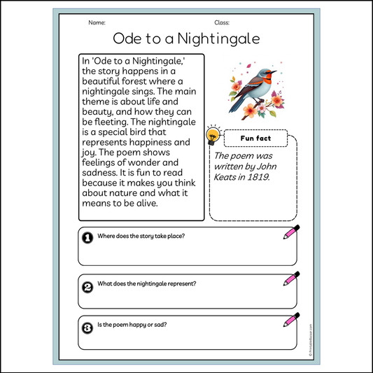 Ode to a Nightingale | Reading Passage Comprehension Questions Writing Facts Worksheet