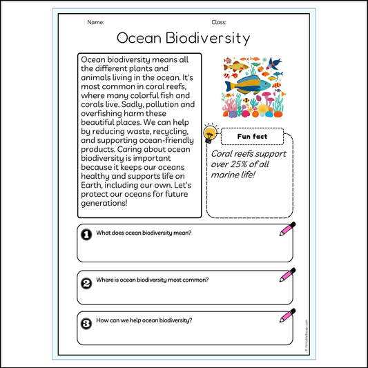 Ocean Biodiversity | Reading Passage Comprehension Questions Writing Facts Worksheet