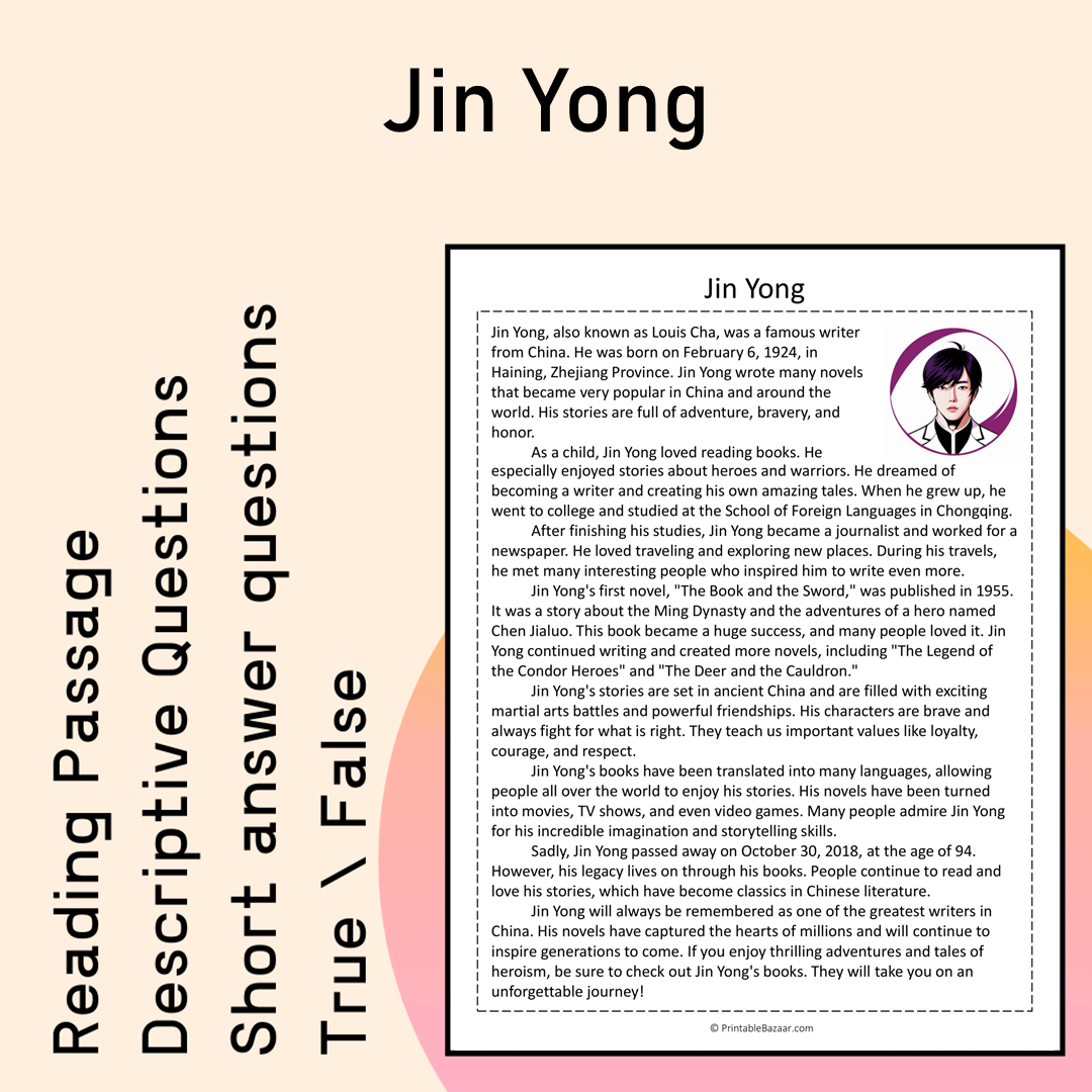 Jin Yong | Reading Comprehension Passage Printable Activity