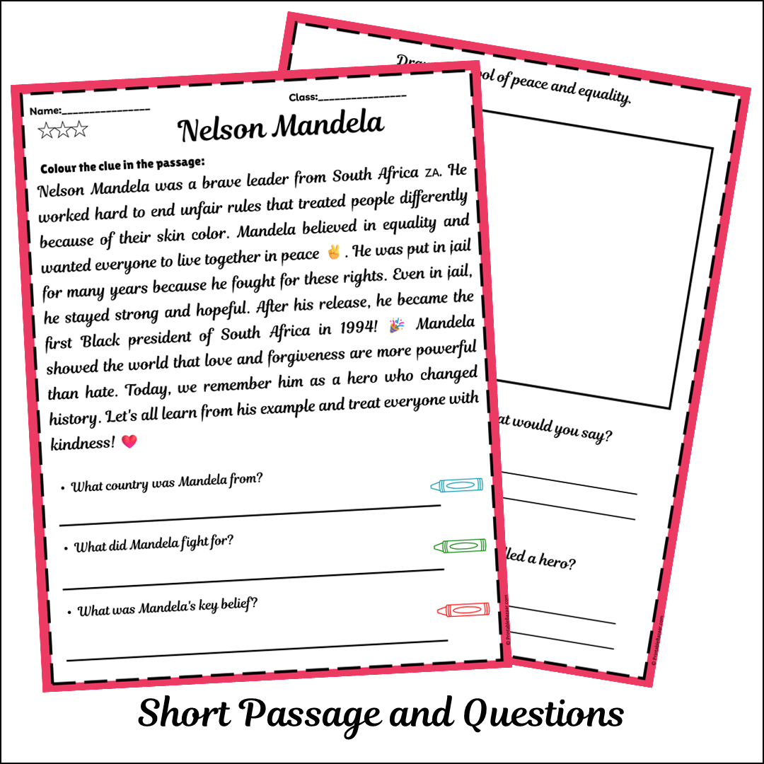 Nelson Mandela | Short Reading Comprehension Creative Worksheet
