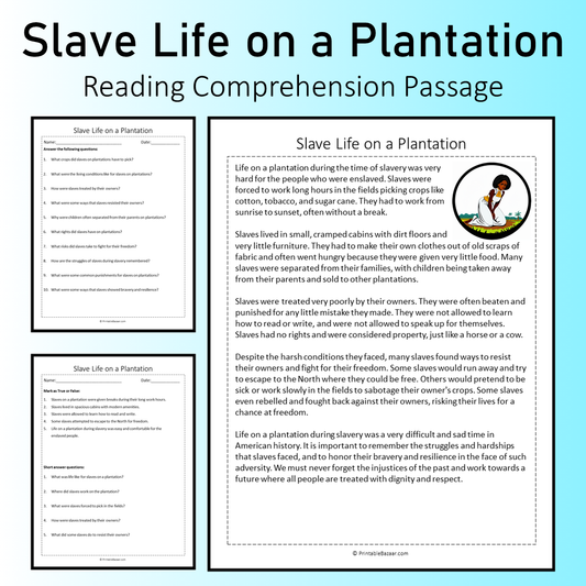 Slave Life on a Plantation | Reading Comprehension Passage Printable Worksheet