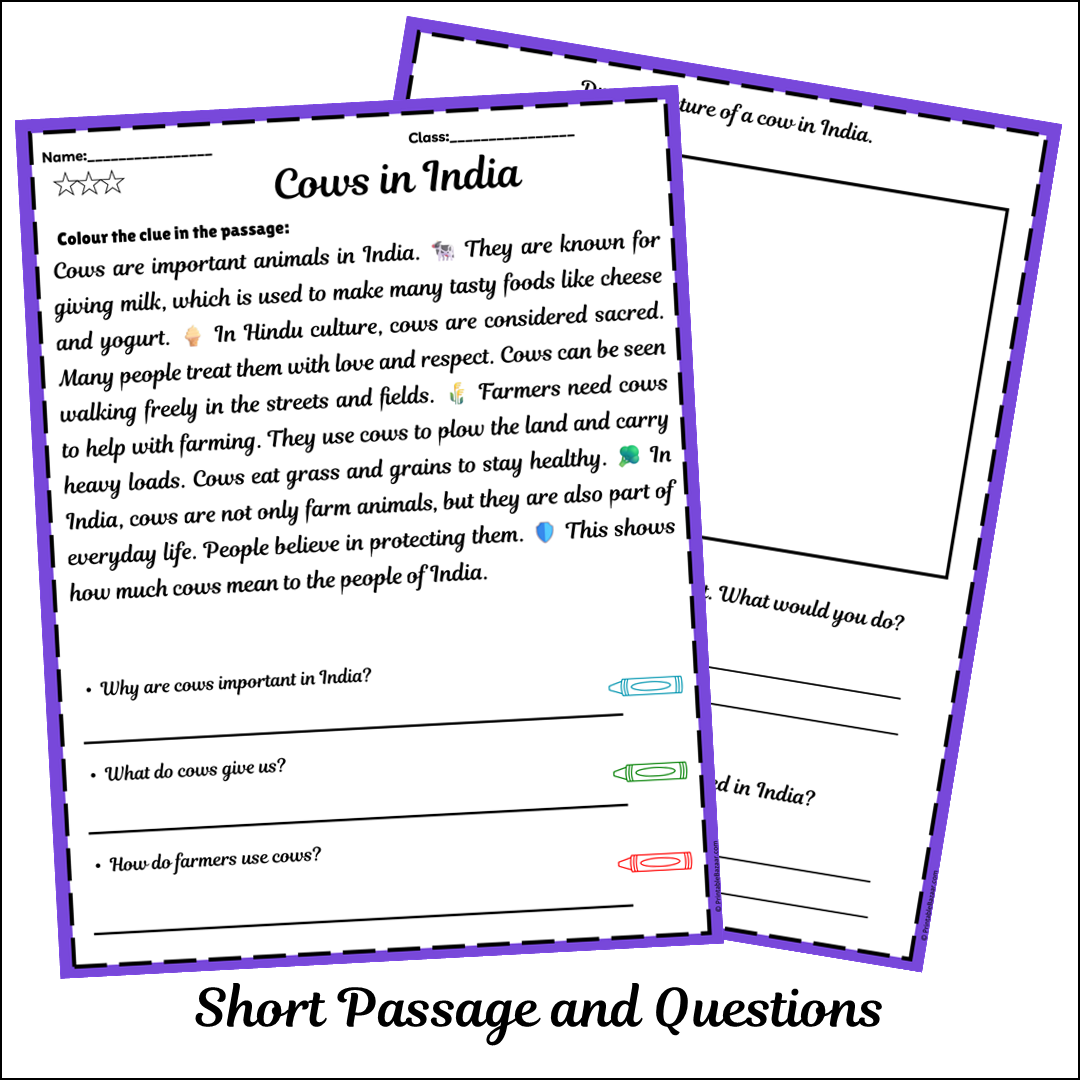 Cows in India | Short Reading Comprehension Creative Worksheet