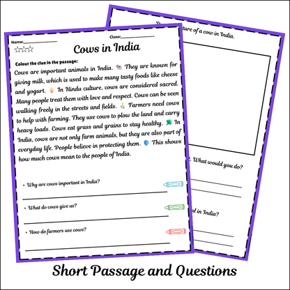Cows in India | Short Reading Comprehension Creative Worksheet