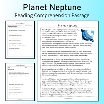 Planet Neptune | Reading Comprehension Passage Printable Worksheet