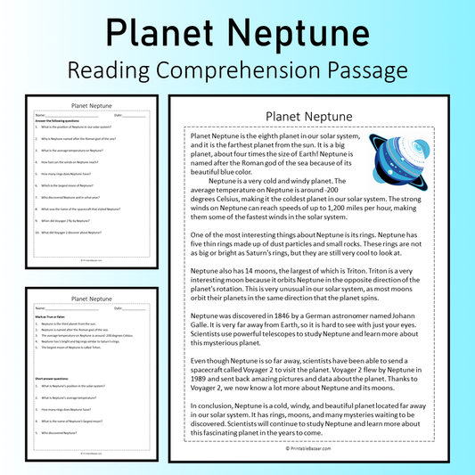 Planet Neptune | Reading Comprehension Passage Printable Worksheet