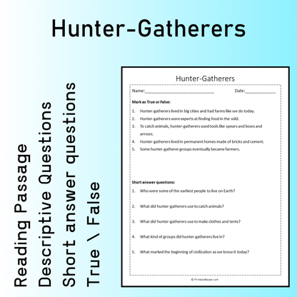 Hunter-Gatherers | Reading Comprehension Passage Printable Worksheet