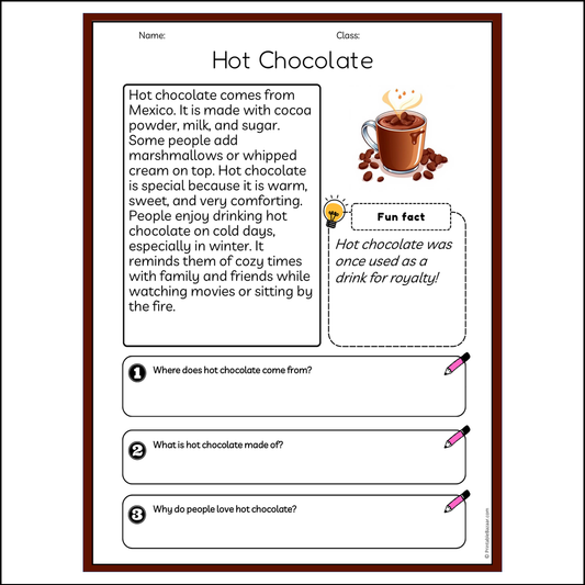 Hot Chocolate | Reading Passage Comprehension Questions Writing Facts Worksheet