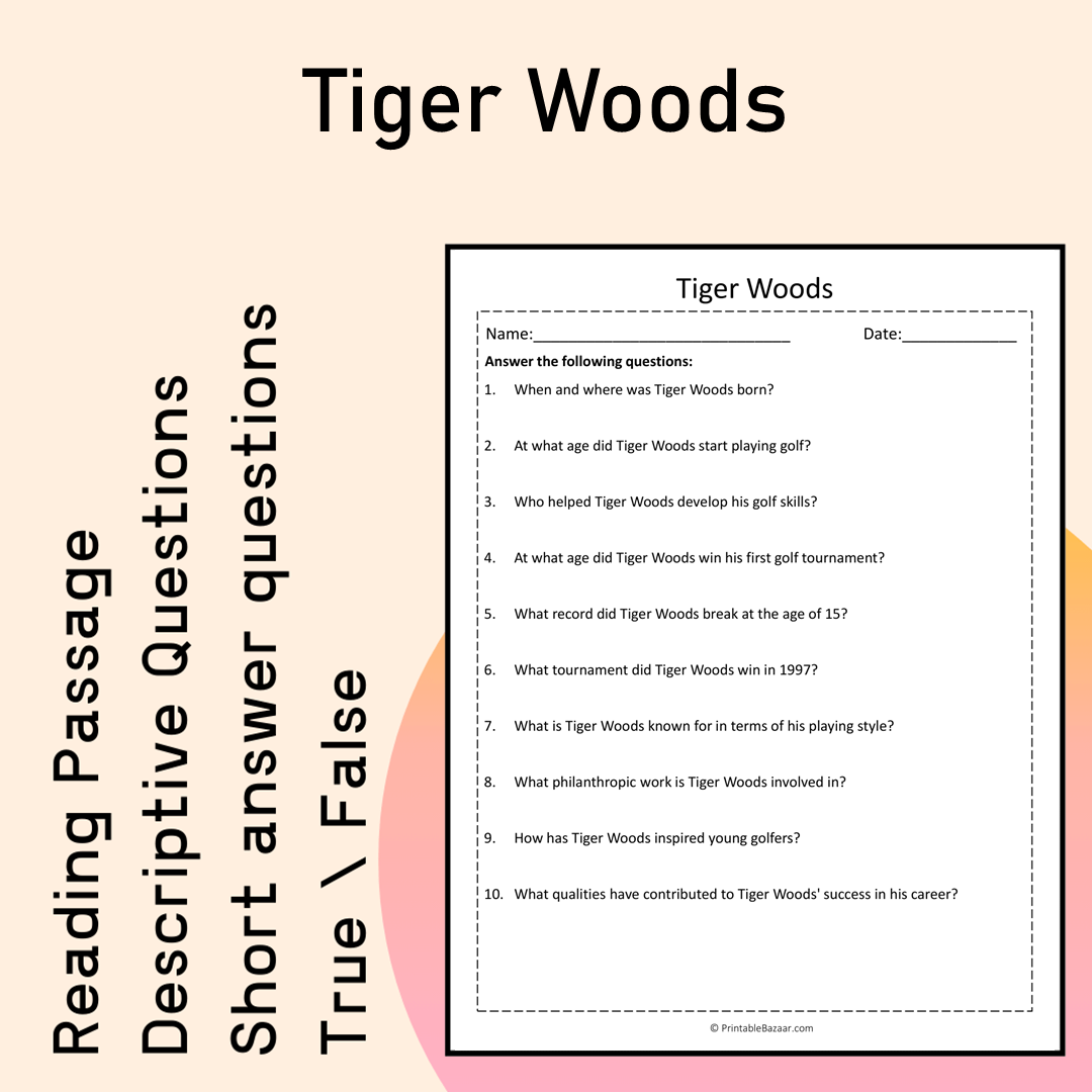 Tiger Woods | Reading Comprehension Passage Printable Activity