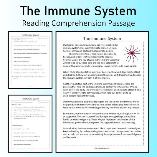 The Immune System | Reading Comprehension Passage Printable Worksheet