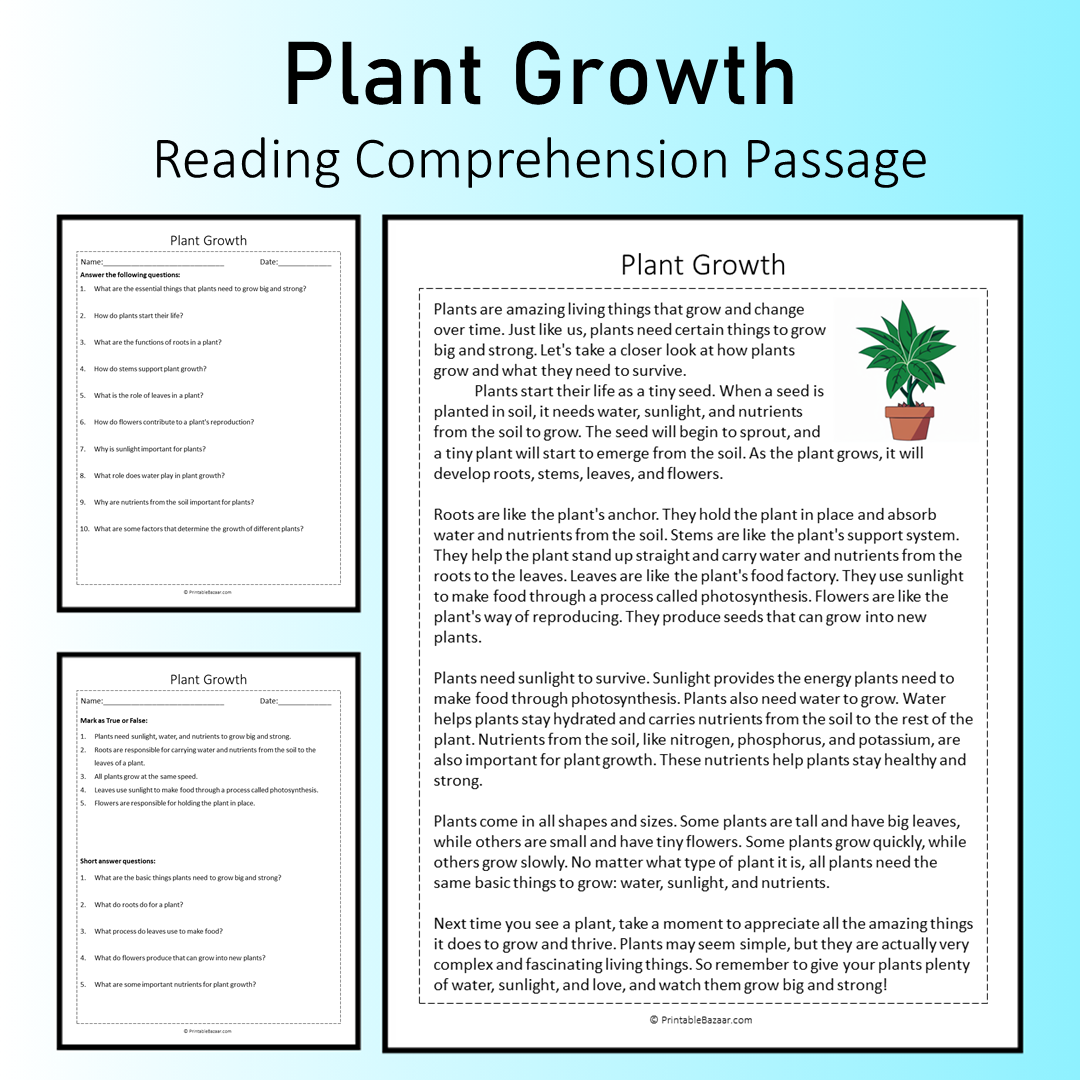 Plant Growth | Reading Comprehension Passage Printable Worksheet