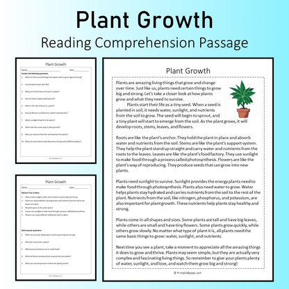 Plant Growth | Reading Comprehension Passage Printable Worksheet